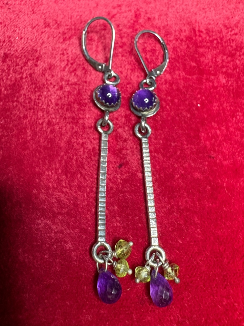 Earrings 925 Sterling Silver Dangle Amethyst Peridot Gemstones